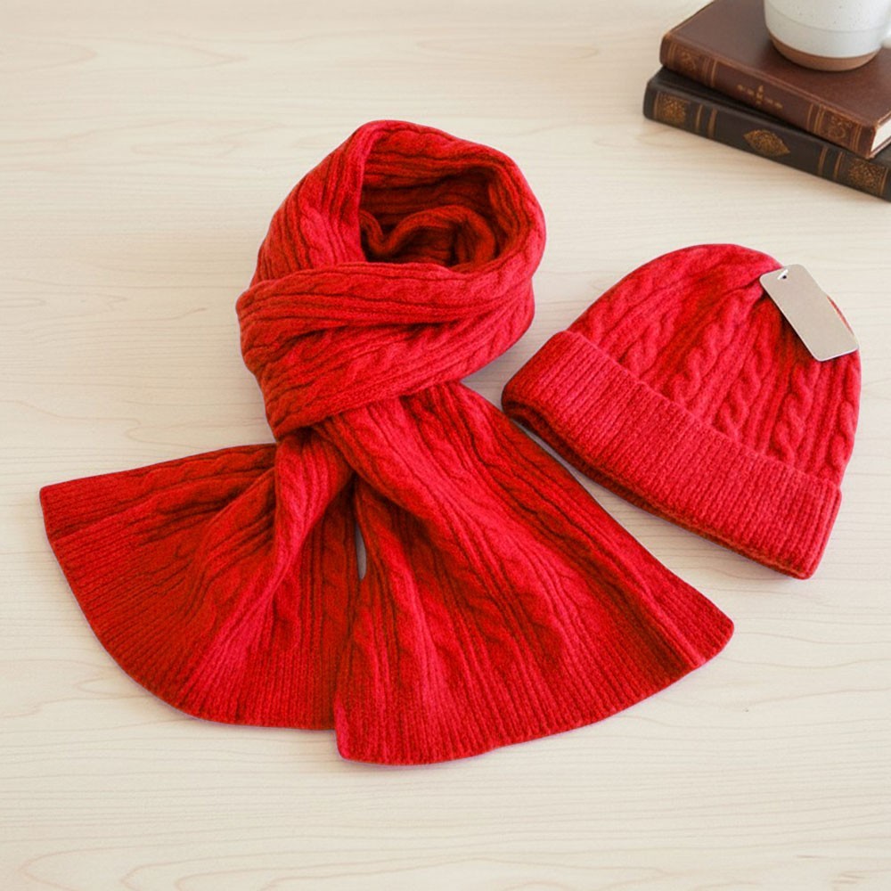Cozy Cable Knit Scarf Beanie Set Winter Hat Warm Acrylic Polyester Red