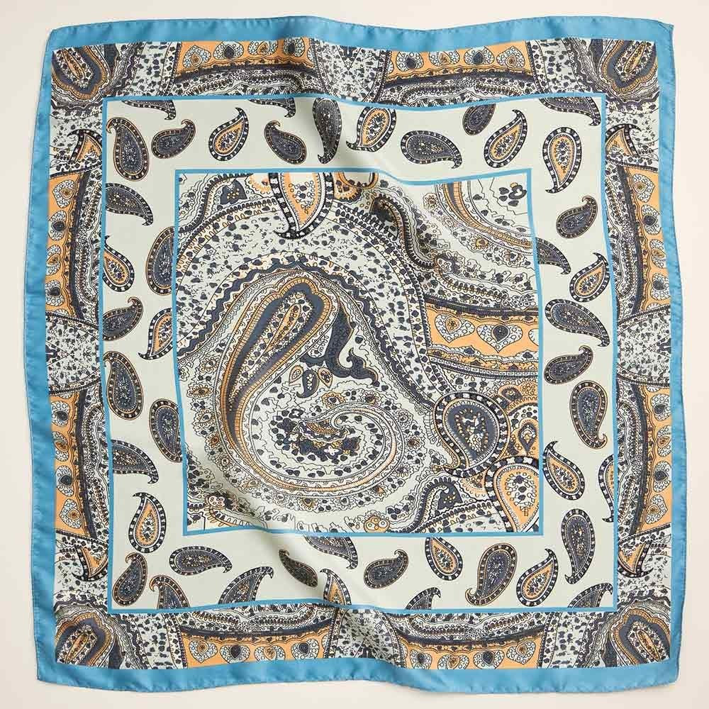 Vintage Blue Paisley Print Square Silky Satin Scarf 25"x25" Neck Hair Wrap