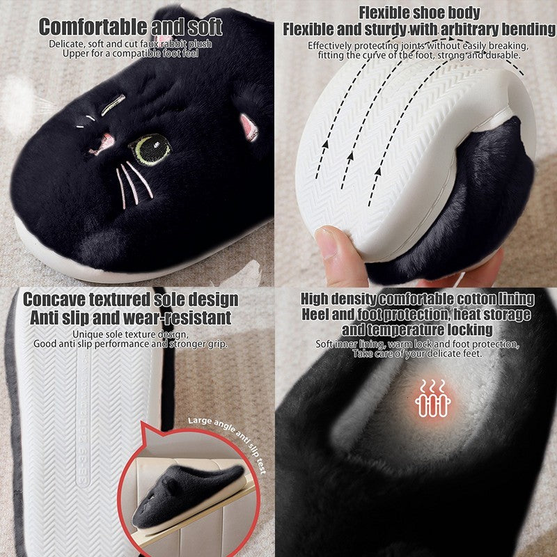 Black Cat Fuzzy Slippers US 7.5-8.5 Warm Indoor House Shoe Anti-Slip Sole