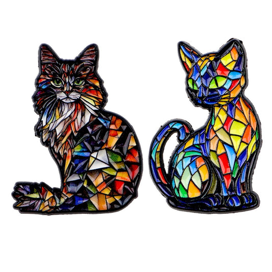 2PCS Colorful Stained Glass Style Cat Enamel Pin Set Brooch Bag Jacket Badge