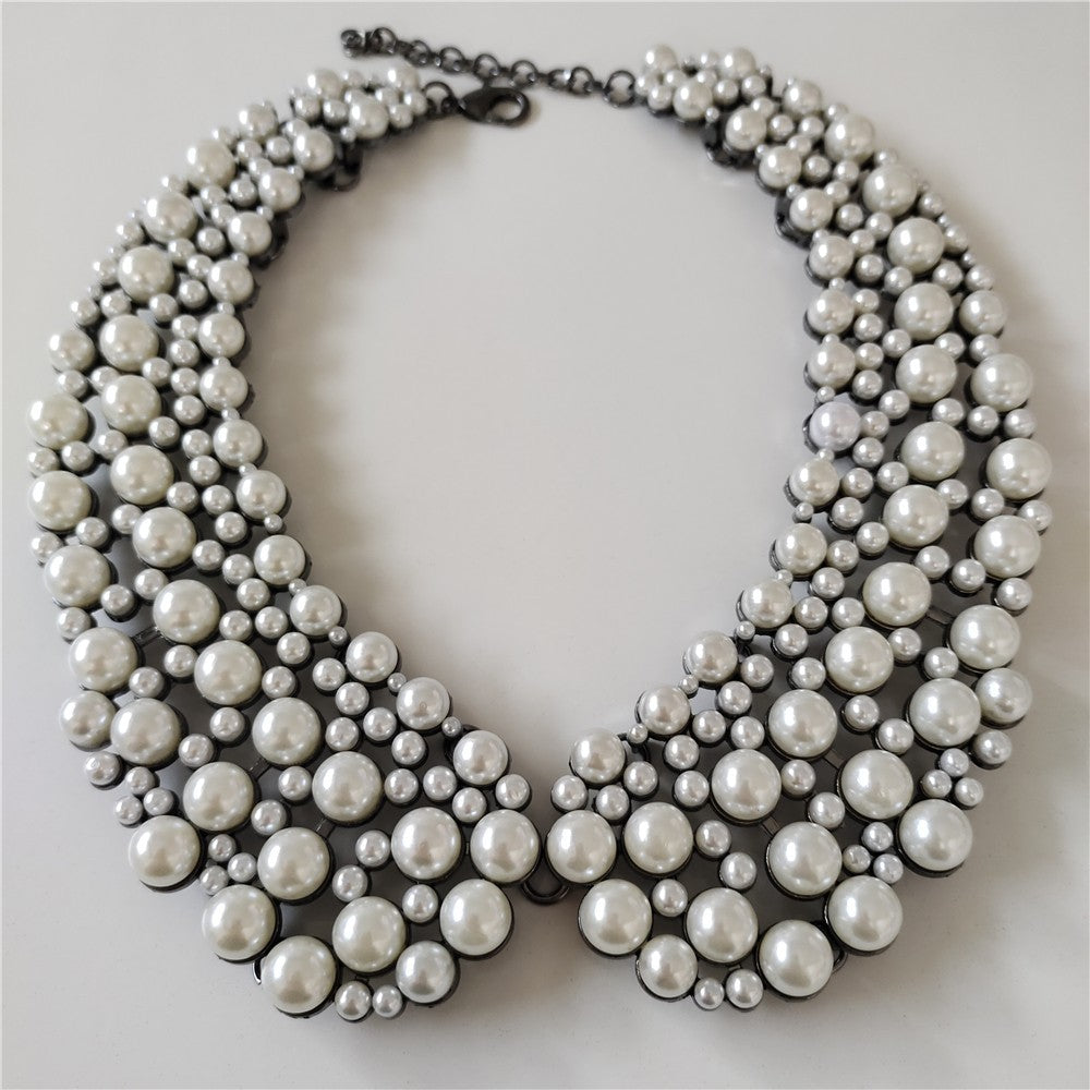 2pcs Statement Faux Pearl Bib Necklace and Oversized Pearl Drop Earring Set