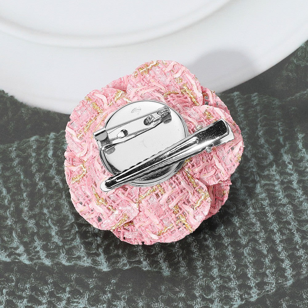2PCS Elegant Camellia Flower Brooch Set Tweed Fabric Pin Hair Clip Black Pink