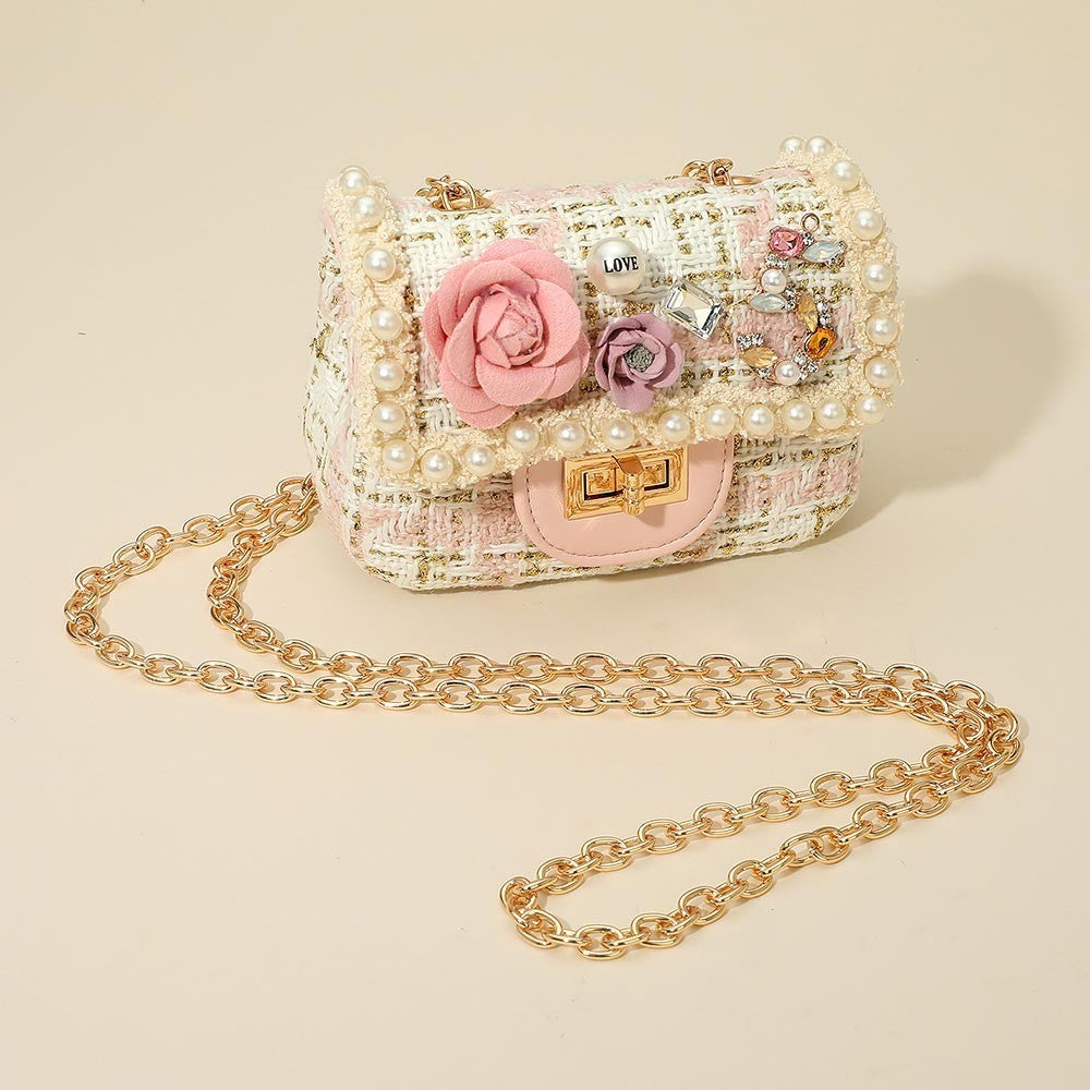 Tweed Mini Crossbody Bag Pearl Flower Embellished Chain Shoulder Purse Kids Girl