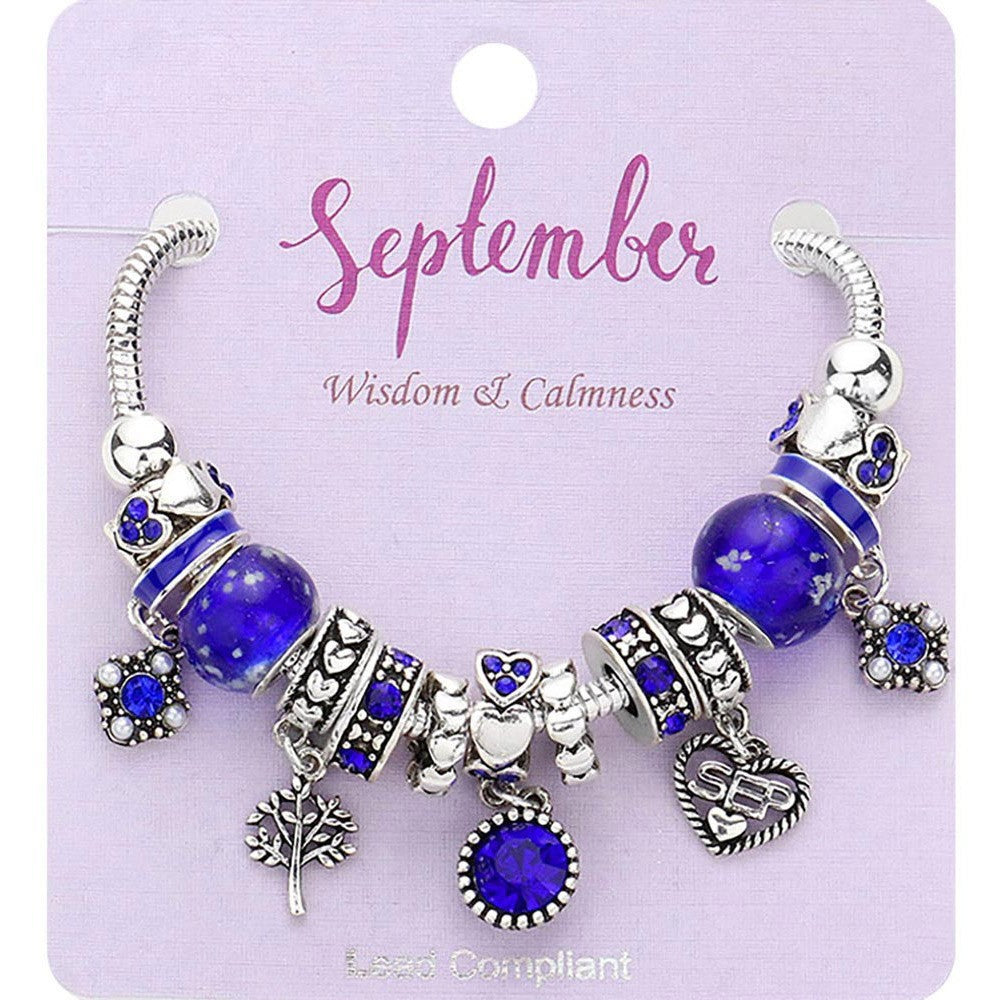 September Birthstone Heart Charm Beaded Bracelet – Sapphire Blue Crystal Gift