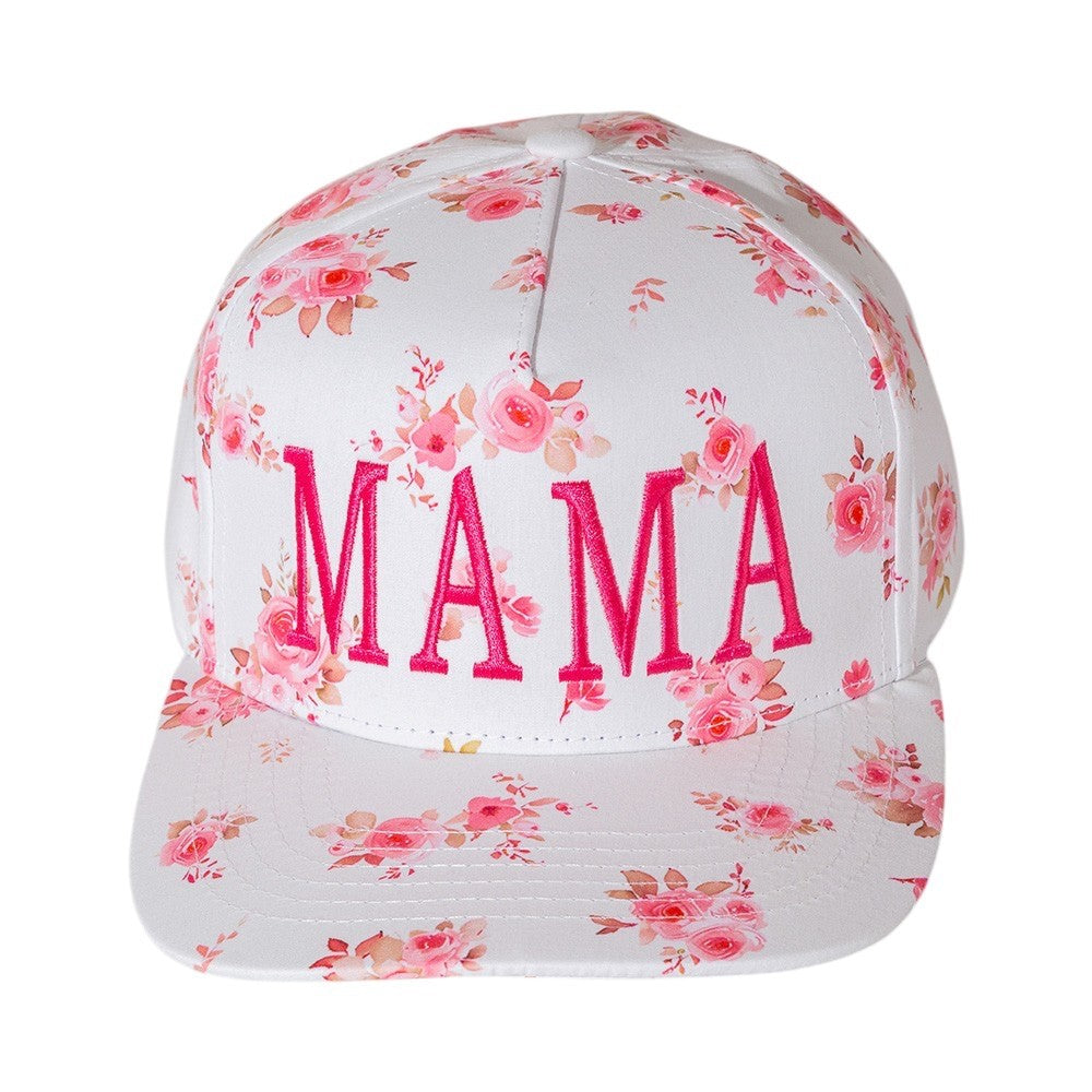 Mama Floral Print Baseball Cap Adjustable Snapback Hat White Rose Pattern Hat