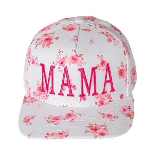 Mama Floral Print Baseball Cap Adjustable Snapback Hat White Rose Pattern Hat