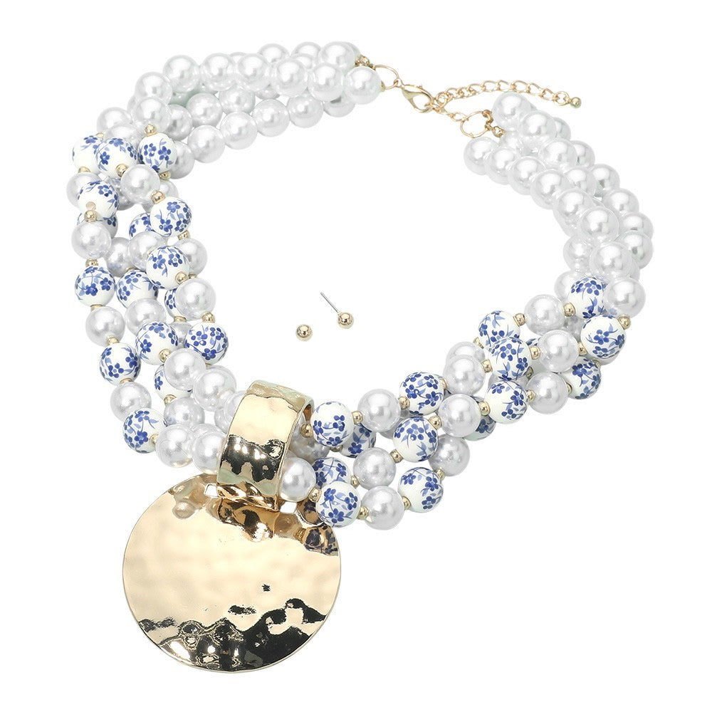 Blue Floral Faux Pearl Statement Necklace & Stud Earring Set - Gold Tone