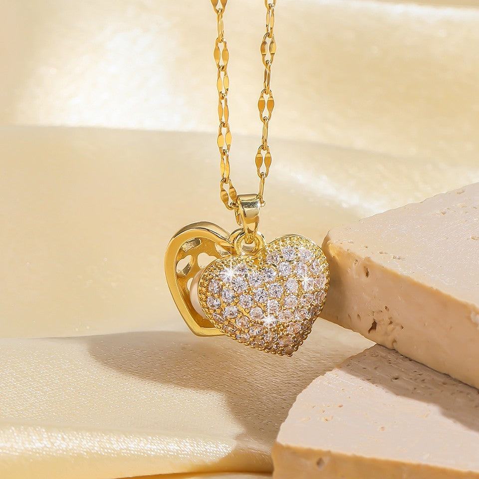 Luxury Cubic Zirconia Pearl Heart Locket Necklace Gold Tone