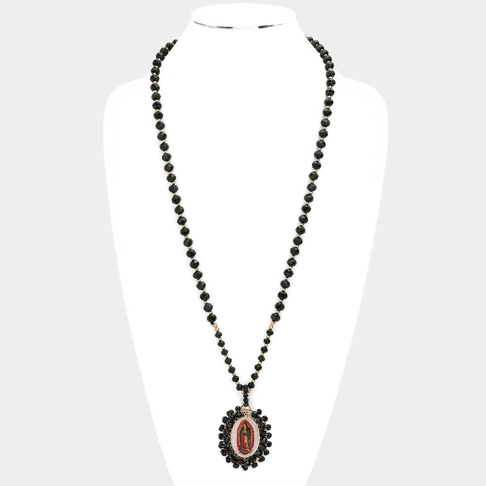 Fashion Black Crystal Rosary Necklace w/ Our Lady of Guadalupe & Rose Cross Lock