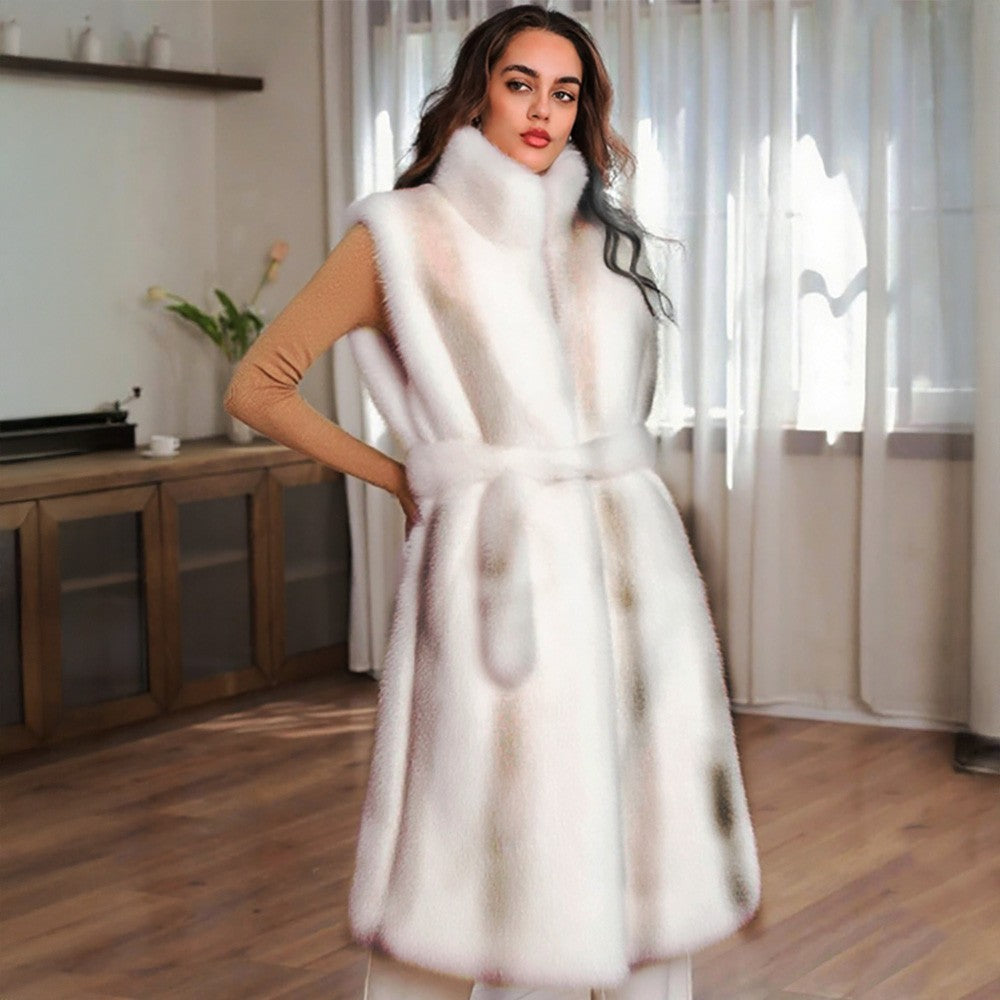 Women's Cozy Faux Fur Mid-Calf Long Soft Belted Trench Vest Sleeveless Ivory
