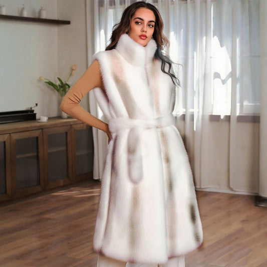 Women's Cozy Faux Fur Mid-Calf Long Soft Belted Trench Vest Sleeveless Ivory
