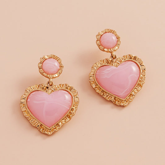 Vintage Style Pink Heart Drop Earrings Gold Textured Frame Titanium Post