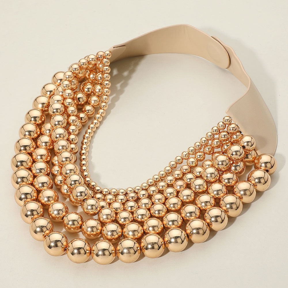 Gold Tiered Orb Bib Statement Necklace - Dramatic High-Shine Runway Jewelry