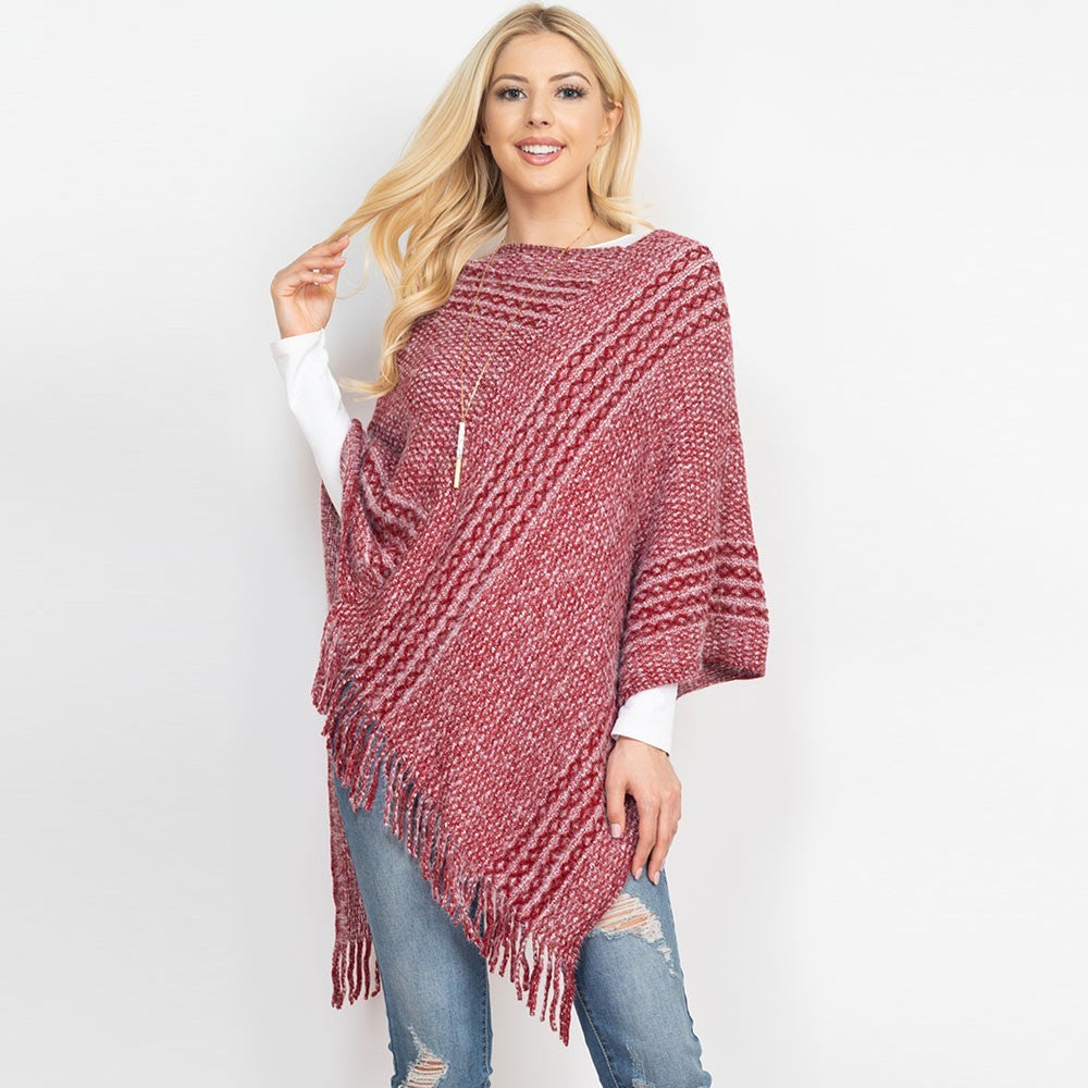 Boho Red White Striped Knit Poncho Sweater Shawl Cape Fringe Hem One Size Fall