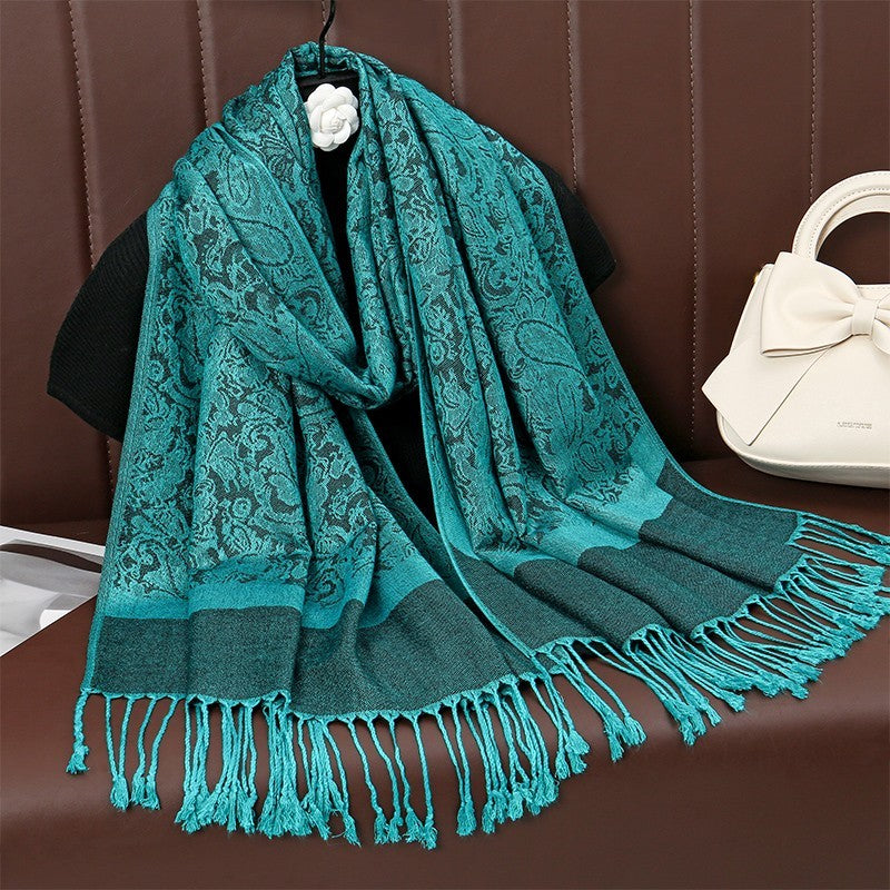 2pcs Pashmina Shawl Scarf Set Teal Blue Pale Yellow Paisley Floral Tassel Wrap