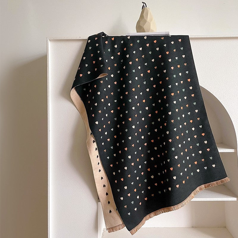 Reversible Black Beige Heart Print Blanket Scarf Wrap Shawl Winter Cashmere Feel