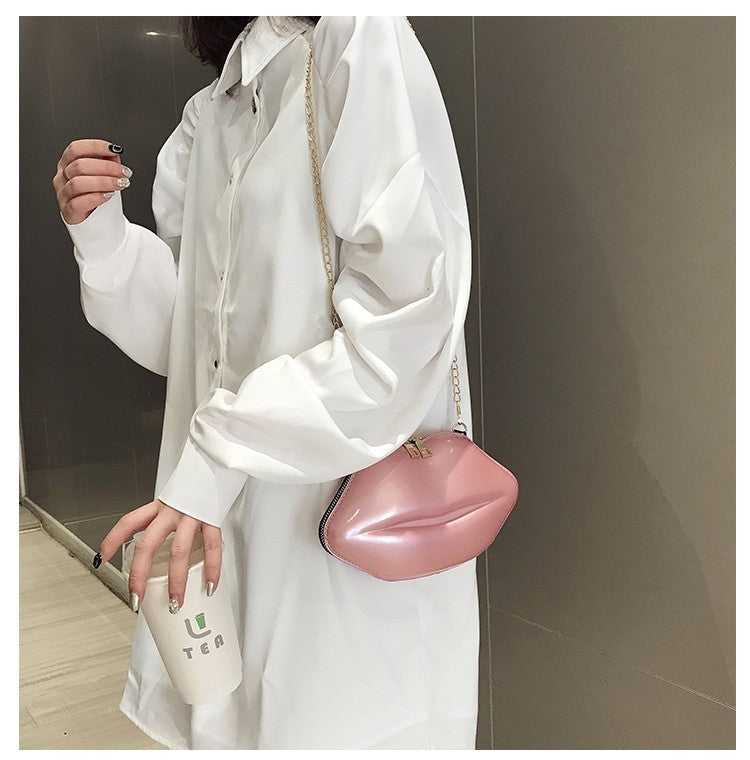 Lips Shaped Clutch Bag Women Pink Patent Leather Crossbody Purse Gold Chain
