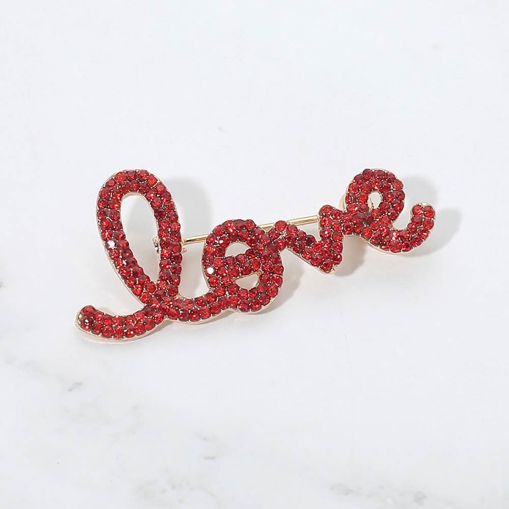 2pc Sparkling Red & Pink Cursive Love Script Rhinestone Brooch Pin Jewelry Set