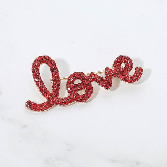 2pc Sparkling Red & Pink Cursive Love Script Rhinestone Brooch Pin Jewelry Set