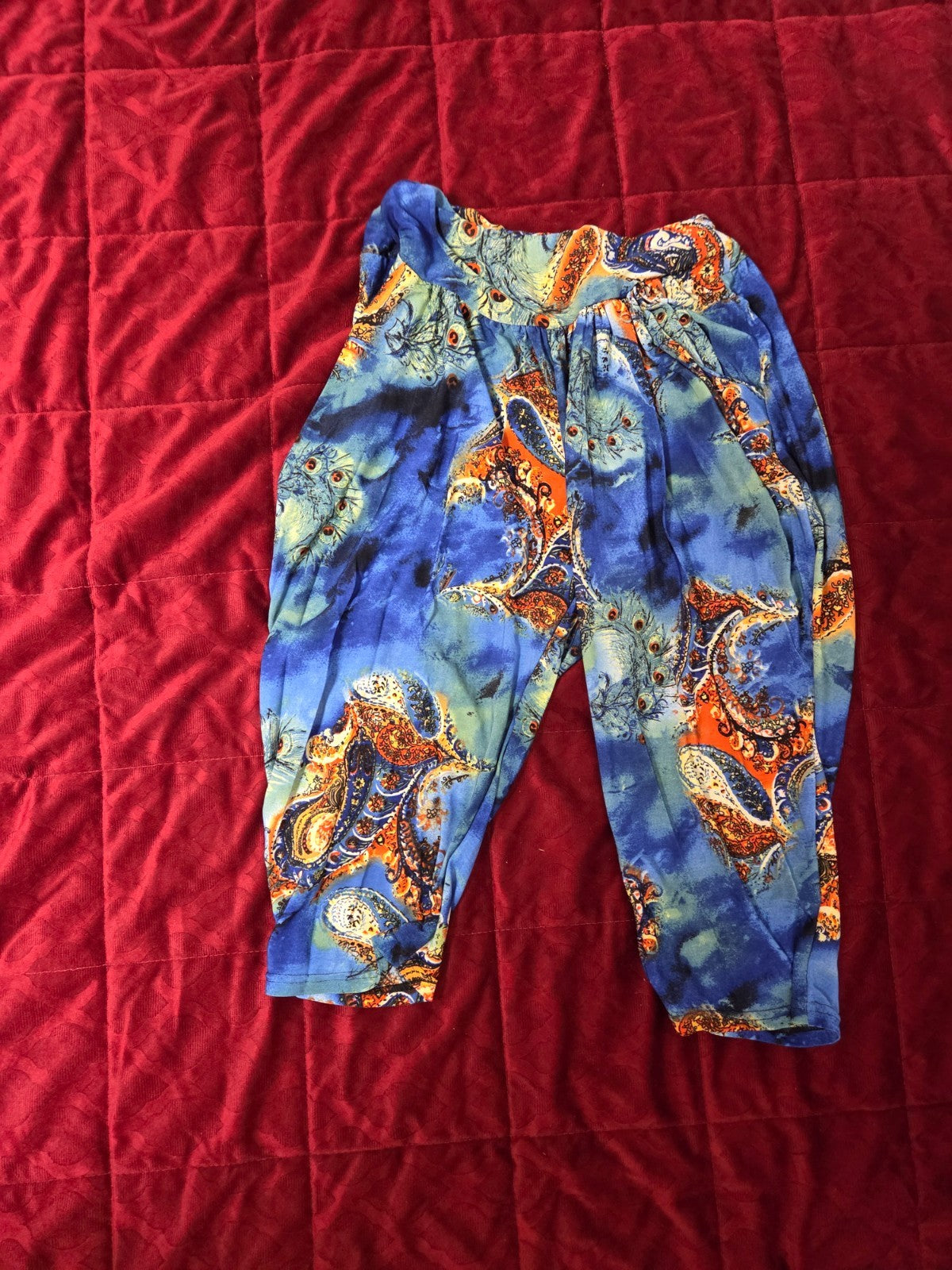 Women’s Blue Paisley Harem Shorts XL with Pockets Boho Lightweight Summer Shorts