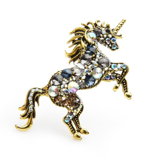 Large Vintage Style Golden Unicorn Brooch Pin – Multi-Color Rhinestone Fantasy