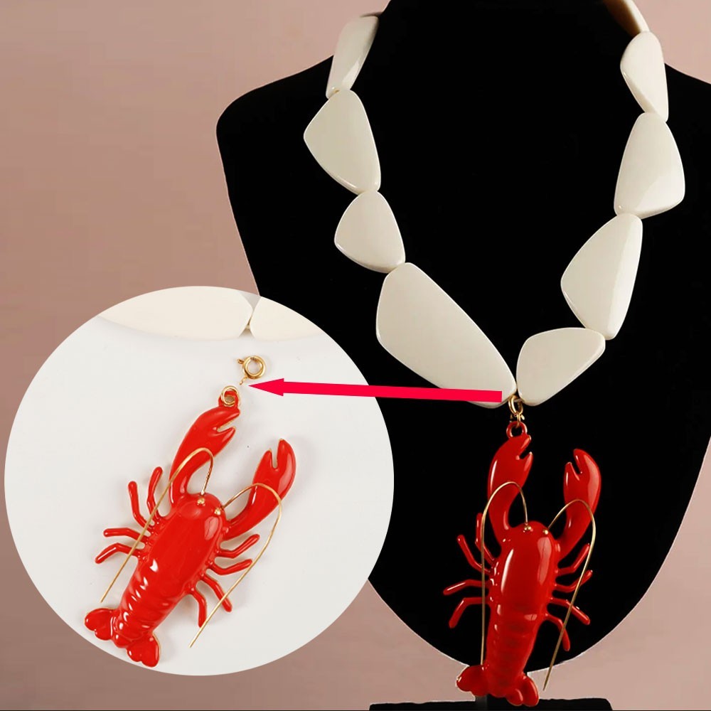 Red Lobster Pendant Necklace Statement Chunky White Resin Bead Coastal Jewelry