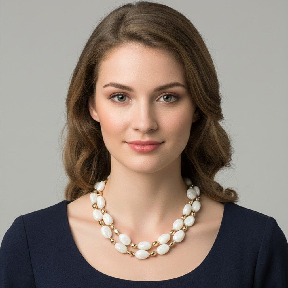 Chunky Resin Oval Marbled Pebble Beaded Layered Necklace for Women White Gold