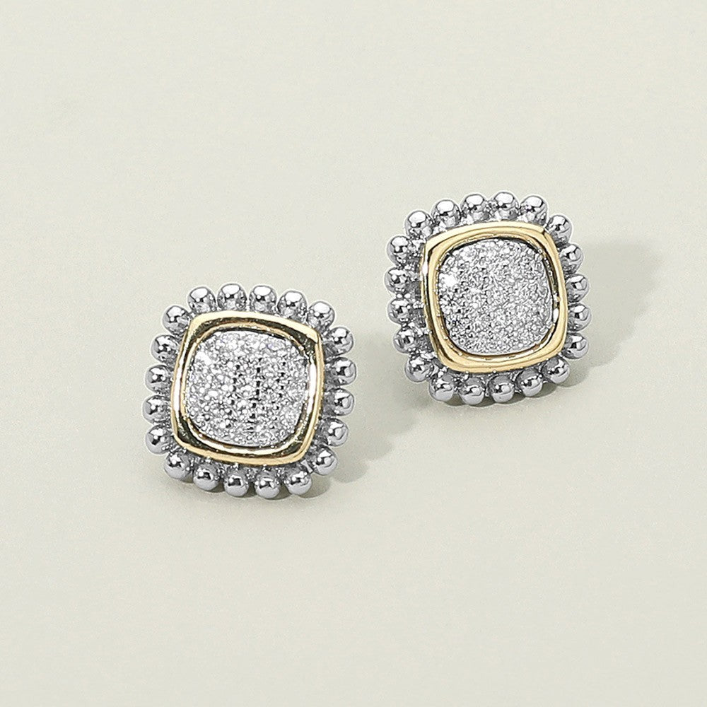 14K Gold & Silver Tone Square Stud Earrings Pavé CZ Post Back