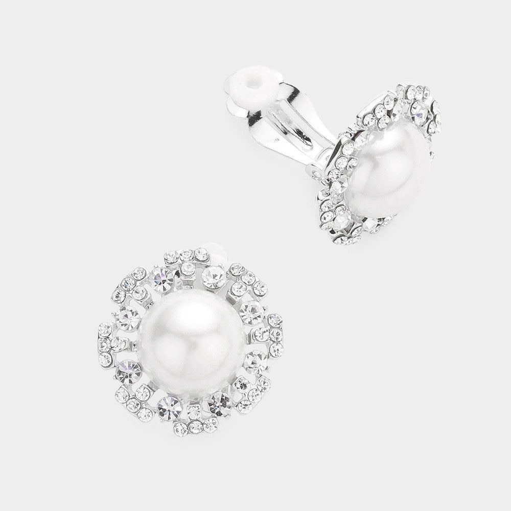 2PC Faux Pearl Rhinestone Flower Cluster Clip On Earrings Set Gold Silver Tone