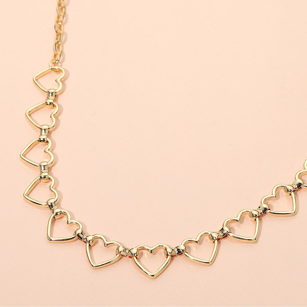 Open Metal Heart Link Chain Choker Necklace for Women Lobster Clasp Gold Tone