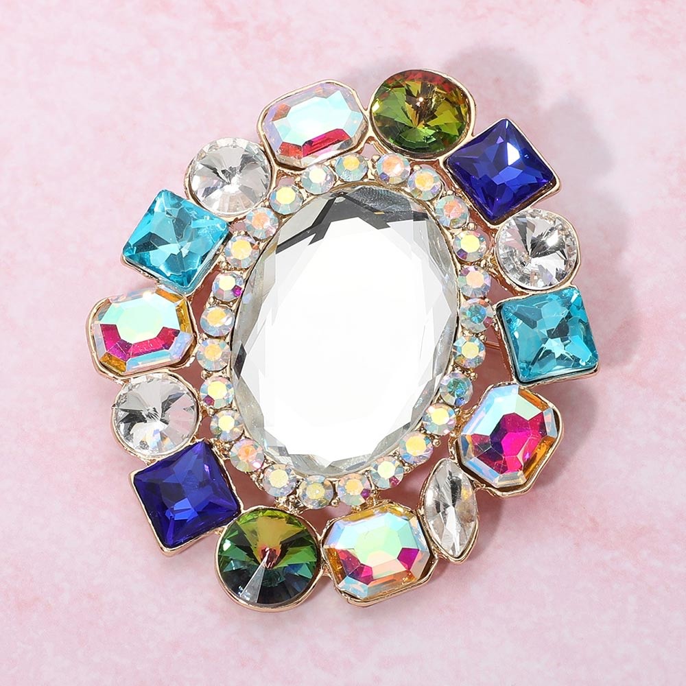 Colorful Multi-Shape Crystal Cluster Statement Brooch Pin Gold-Tone Fashion