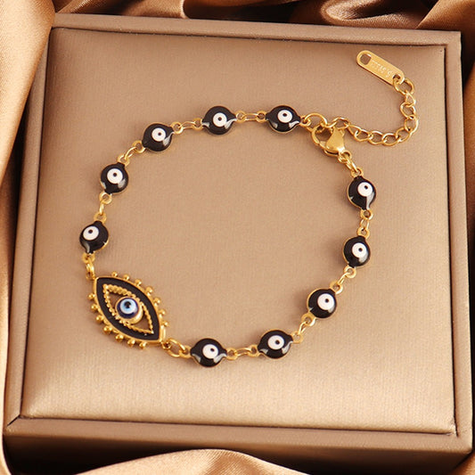 Gold Tone Evil Eye Protection Bracelet Stainless Steel Adjustable Charm Jewelry