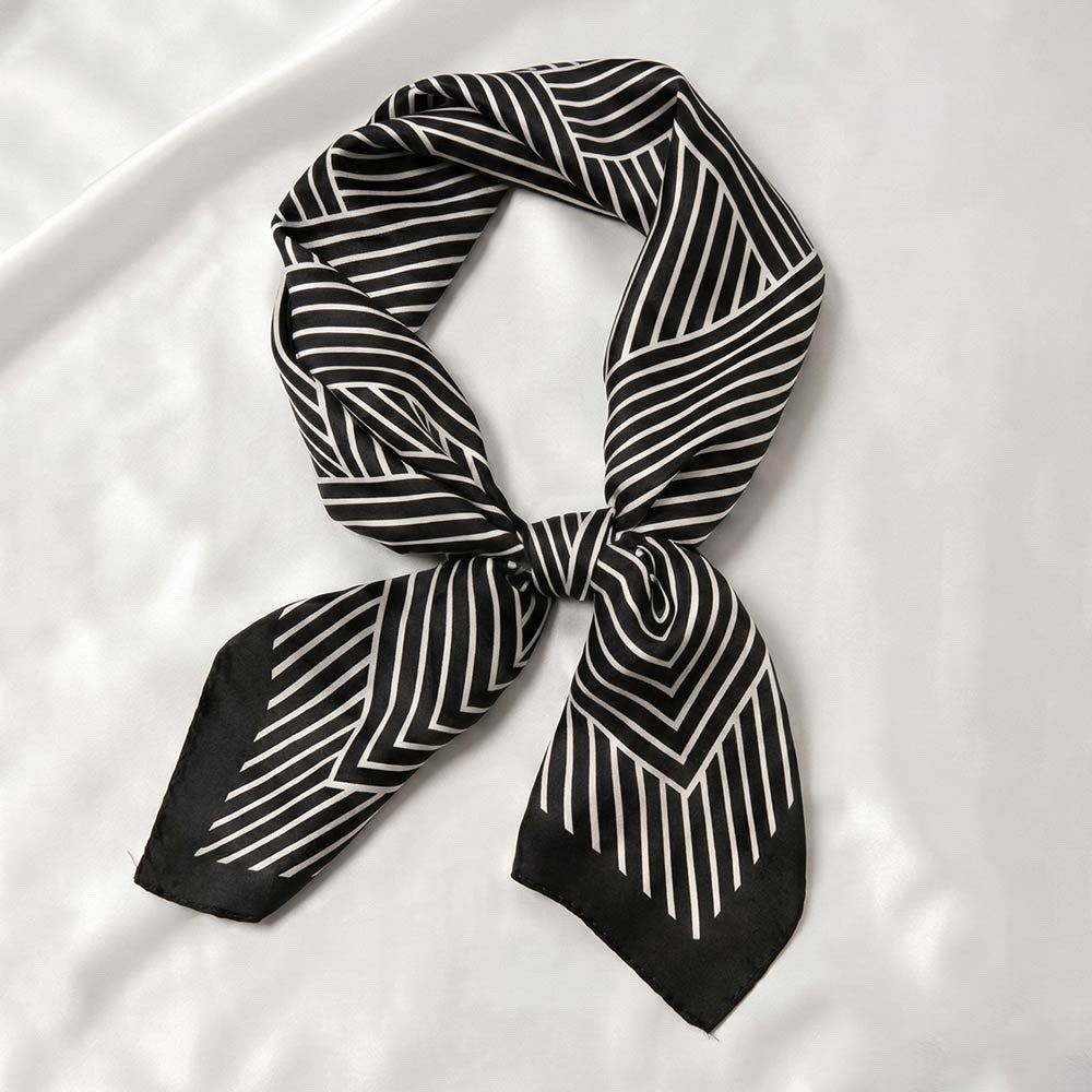 Geometric Striped Square Scarf Black White Satin Silk Feel Neckerchief 28" x 28"