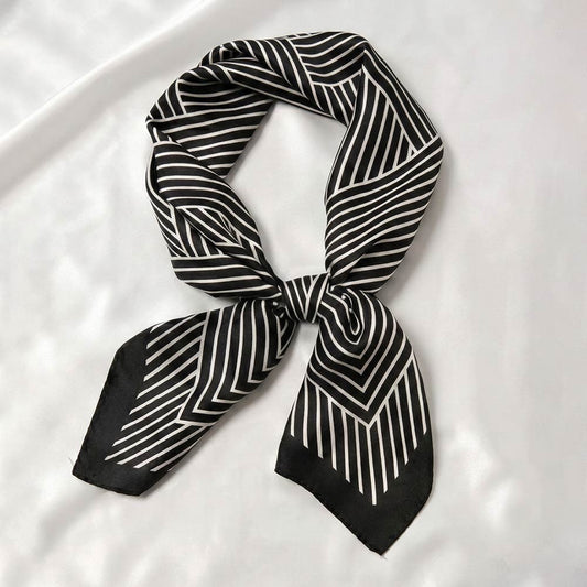 Geometric Striped Square Scarf Black White Satin Silk Feel Neckerchief 28" x 28"