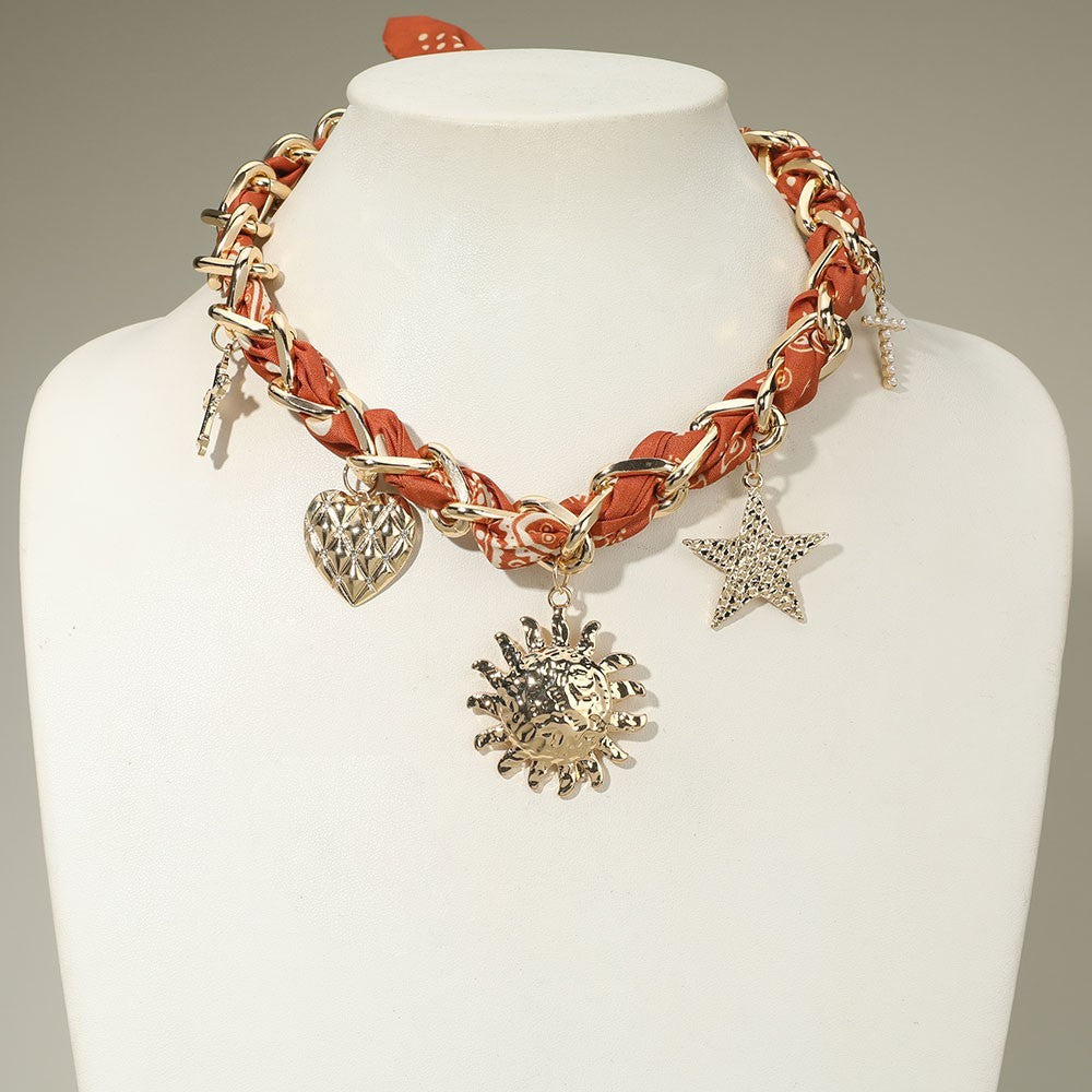 Sun Star Heart Cross Charm Bandana Fabric Chain Necklace Women Fashion Jewelry