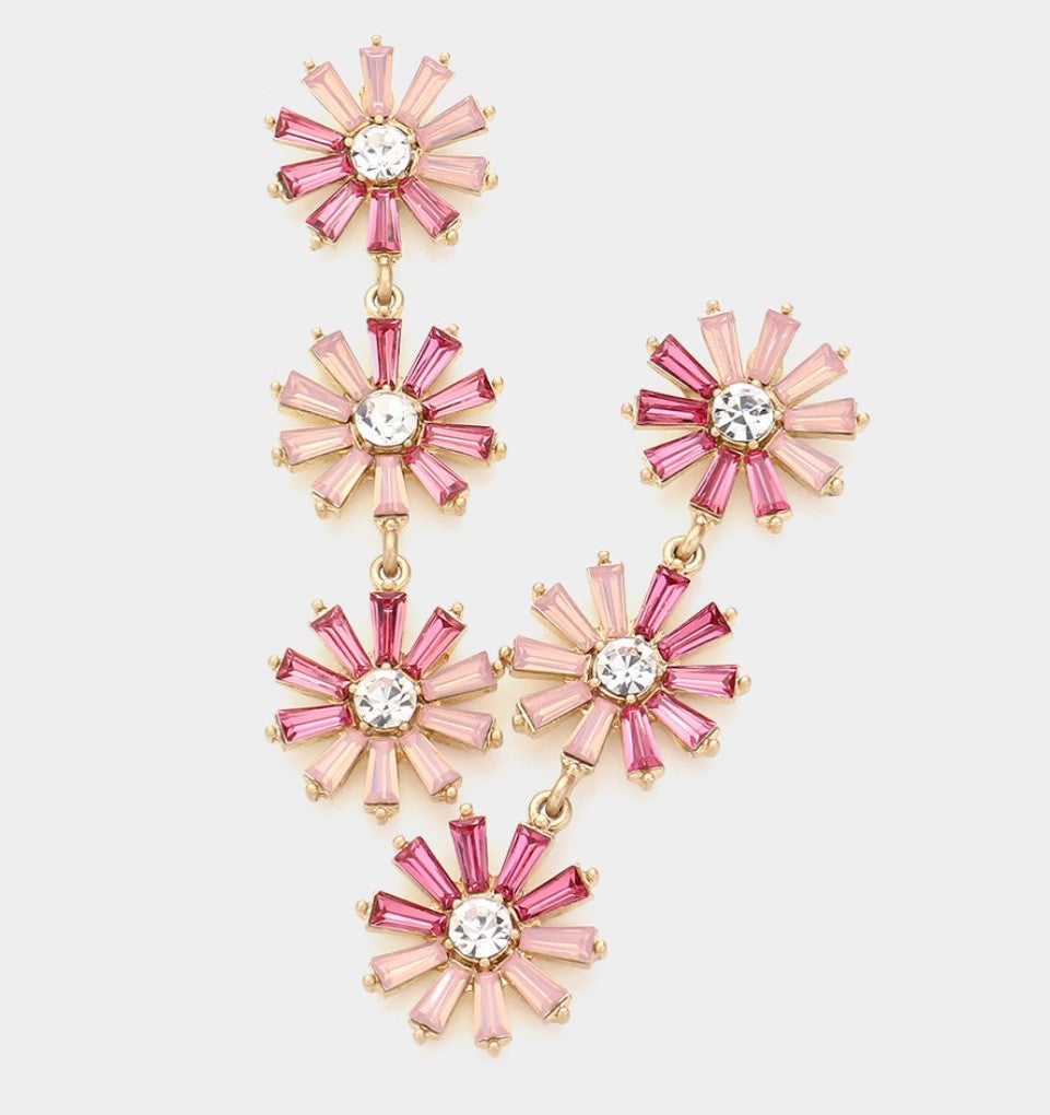 Pink Ombre Crystal Baguette Flower Dangle Drop Earrings Gold Tone Statement