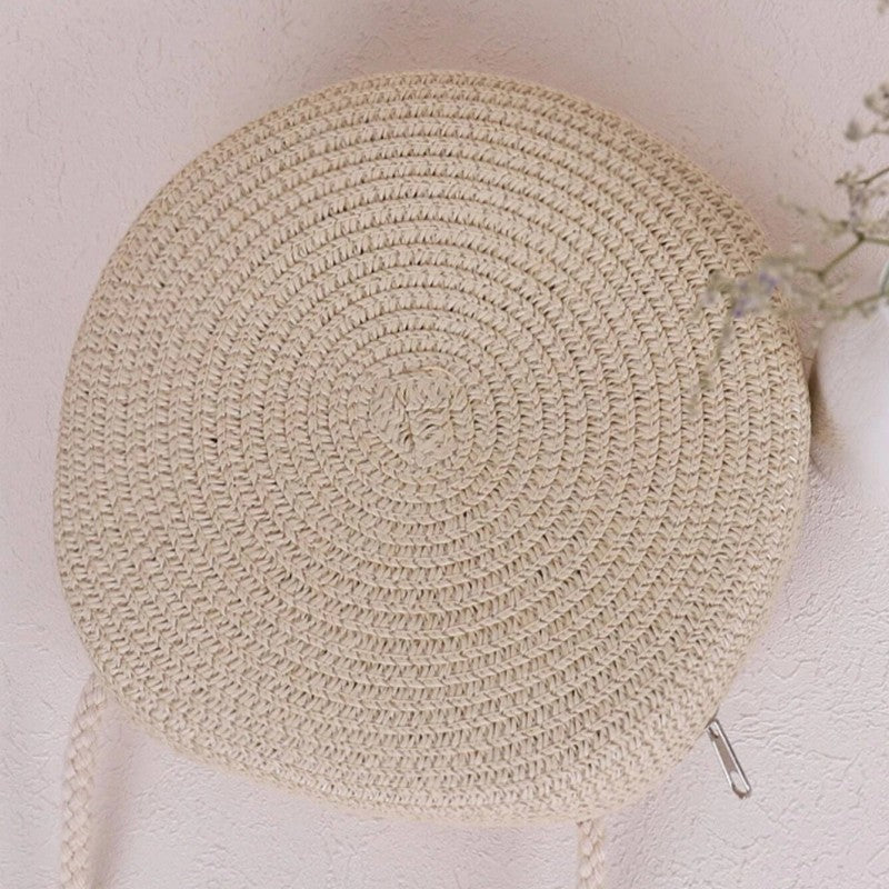 Women's Daisy Straw Circle Crossbody Bag Summer Beach Handbag White