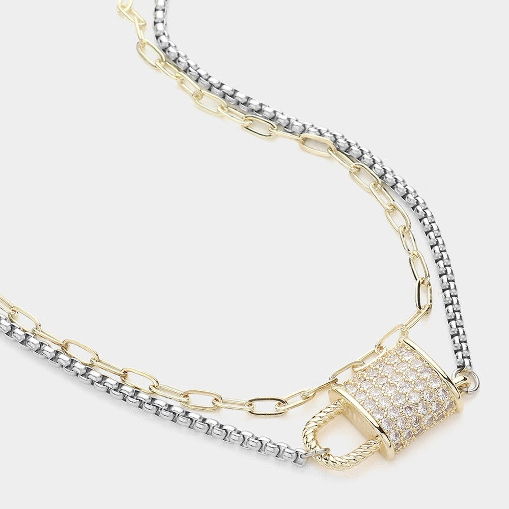 Gold and Silver Two Tone Layered Padlock Necklace with Pave Crystal Pendant