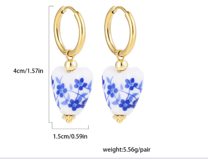 Vintage Blue White Porcelain Teapot Earrings Heart Pearl Dangle Jewelry Gift