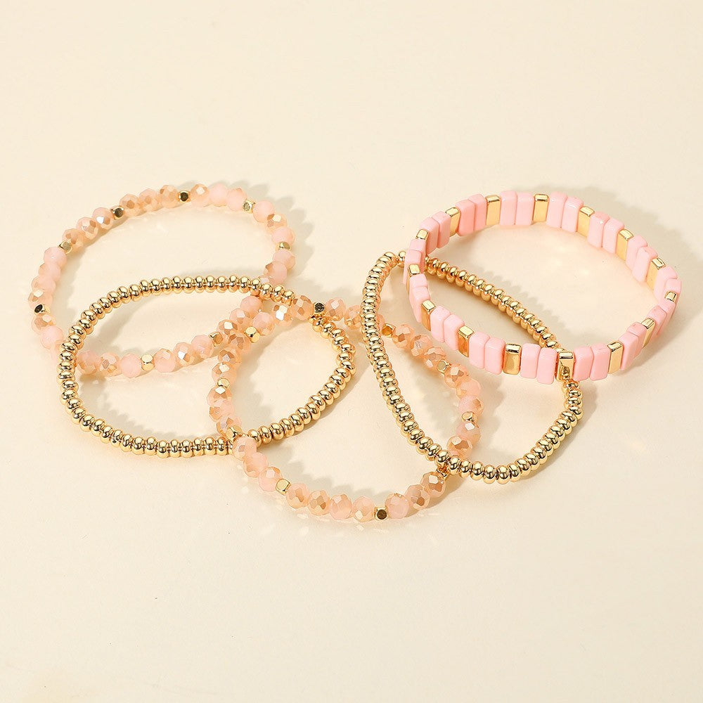 Women’s 5PCS Pink and Gold Beaded Stretch Bracelet Set Multi Layered Jewelry
