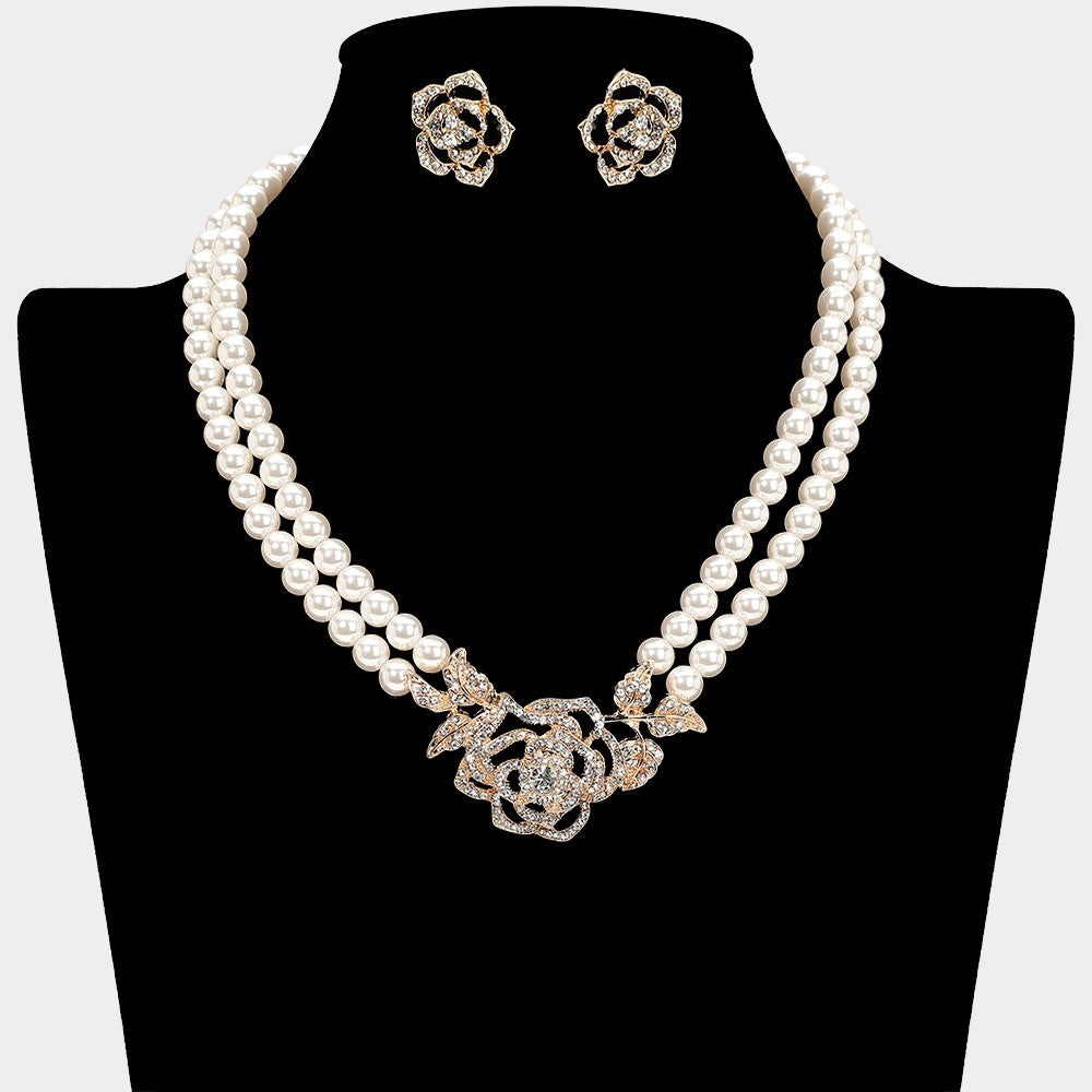 2pc Gold Rose Flower Double Strand Cream Pearl Necklace & Stud Earrings Set
