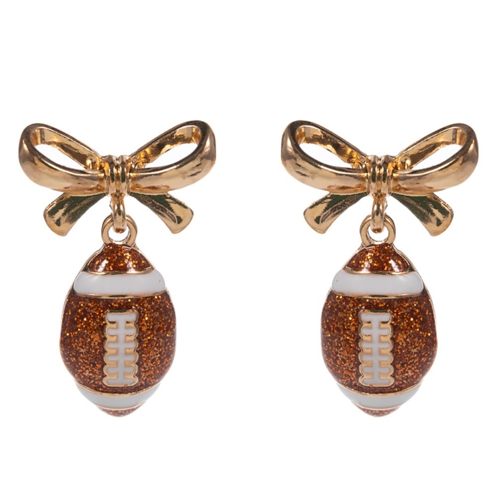 Gold Bow & Glitter Football Drop Earrings - Sporty Game Day Fan Jewelry