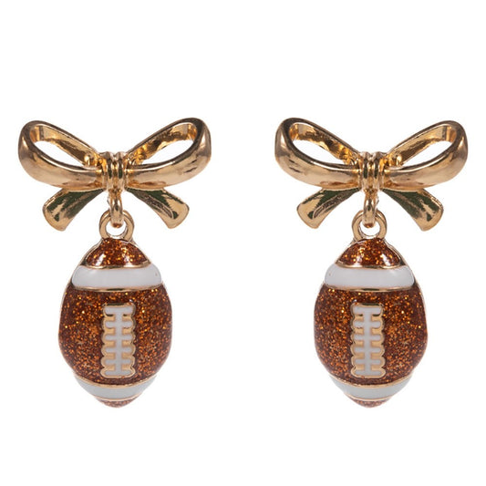 Gold Bow & Glitter Football Drop Earrings - Sporty Game Day Fan Jewelry
