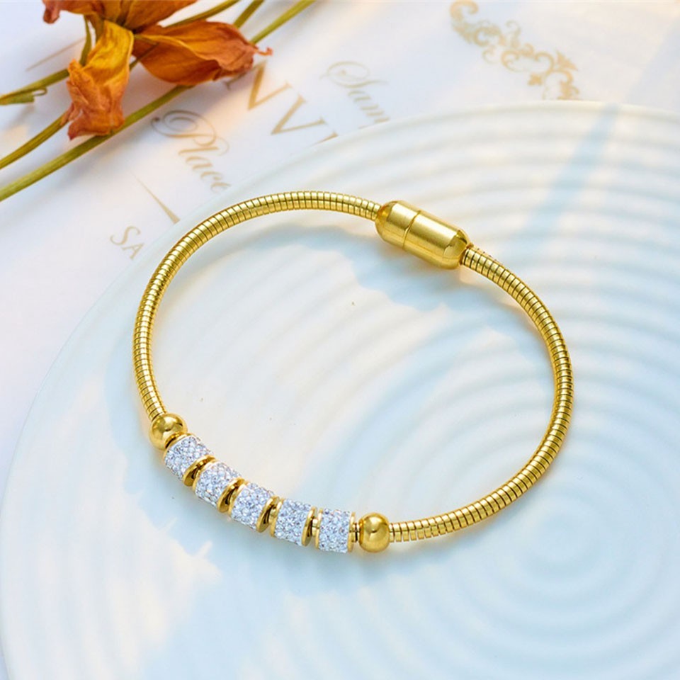 Gold Bracelet Cubic Zirconia Stones Elegant Slip-On Charm Jewelry for Women