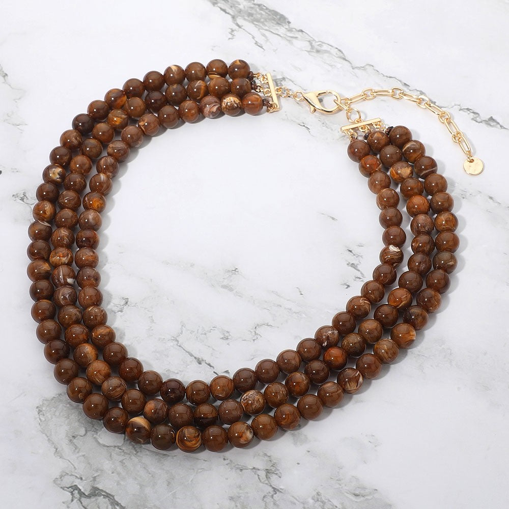 Brown Marble Chunky Beaded Multi Strand Necklace Statement Jewelry
