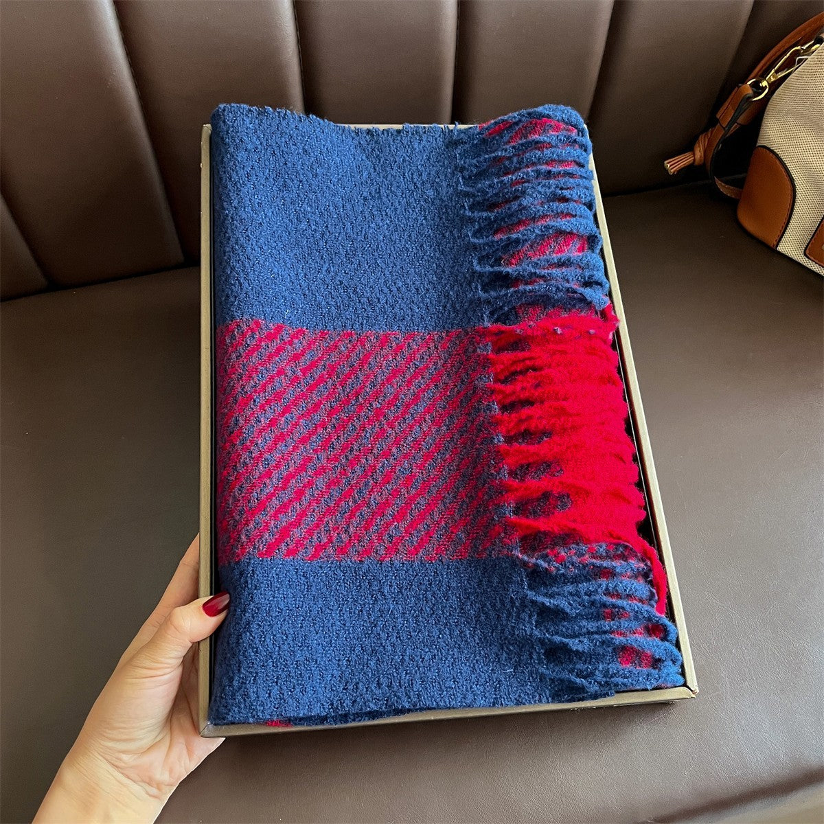 Soft Plaid Tartan Scarf Shawl Wrap for Women – Oversized Red and Blue Winter Fri