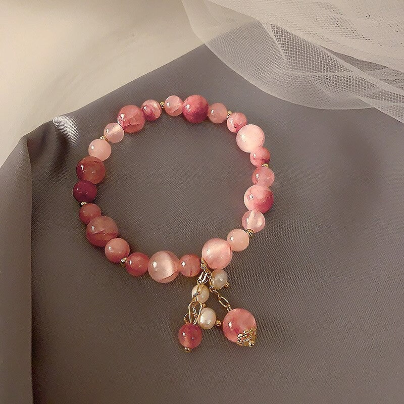 2PCS Handmade Pink Stone Beaded Bracelets with Pearl Charms for Women Gift
