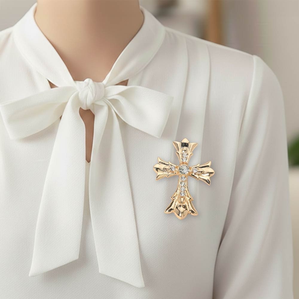 Gold Gothic Ornate Cross Brooch with Sparkling Crystal Rhinestone Accents