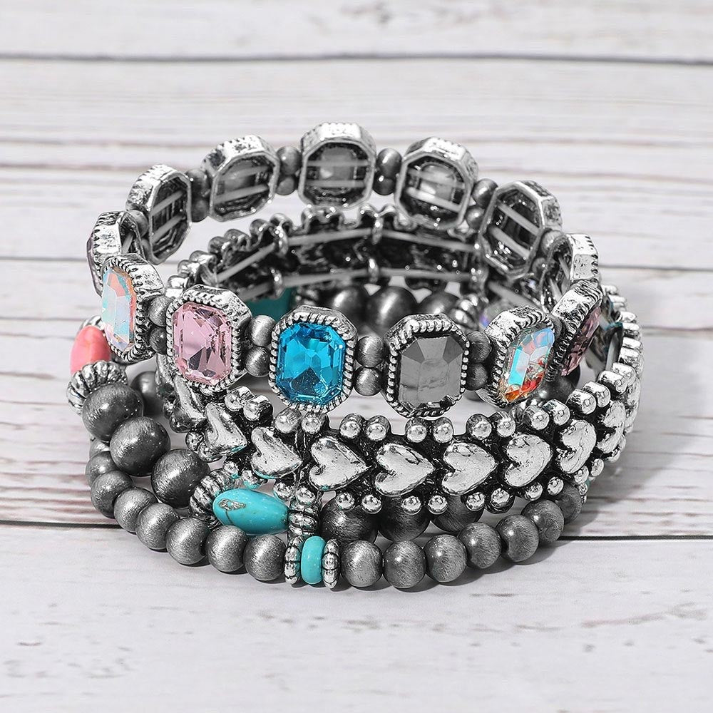 4pc Antique Silver Beaded Stretch Bracelet Set with Colorful Crystals & Hearts