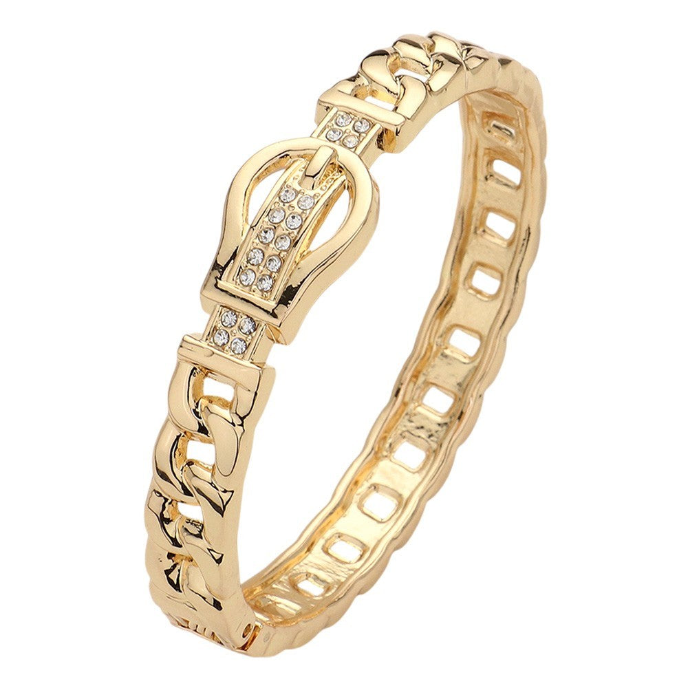 Gold Rhinestone Buckle Curb Chain Link Hinged Bangle Bracelet for Women